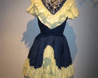 Vintage Navy Blue & Yellow Mega Ruffles Square Dance Dress