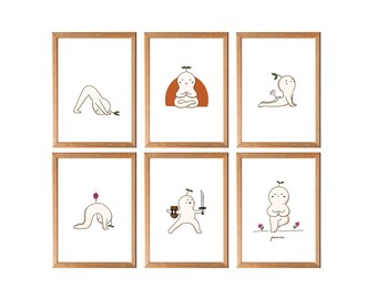Leafman yogahoudingenset: handgetekende schattige muurdecoratie (digitale download A2, A3, A4, A5)