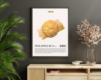 Poster ananasbroodje: Hong Kong Food Art, minimalistisch design (digitale download A2-A5-formaten)