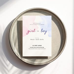 Red and Blue Gender Reveal Invitation: Minimalist Canva Template