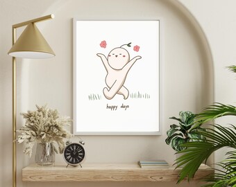 Leafman-poster - Happy Days | NON-AI, handgetekende digitale kunst | Afdrukbare digitale poster met wanddecoratiegalerij | Maten A2, A3, A4, A5