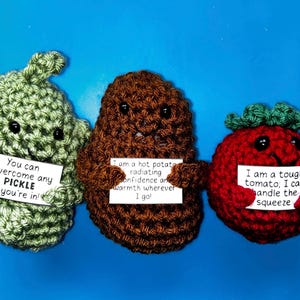 May include: Three crocheted food characters on a blue background. A green pickle holds a sign saying "You can overcome any PICKLE you're in!". A brown potato holds a sign saying "I am a hot potato radiating confidence and warmth wherever I go!". A red tomato holds a sign saying "I am a tough tomato; I can handle the squeeze."