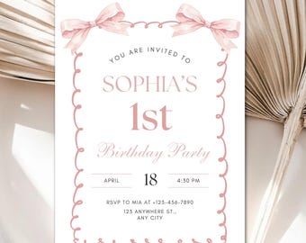 Pink Bow 1st Birthday Invitation | Coquette Girl Template (Digital Download)