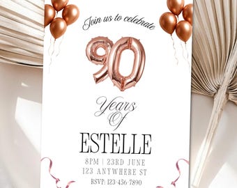 90th Birthday Invitation Template, Editable Canva Printable, Instant Download