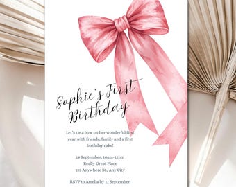 Pink Bow 1st Birthday Invitation | Coquette Girl, Editable Canva (Digital Download)