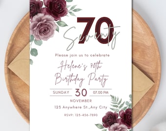 Plantilla de invitación floral para 70 cumpleaños, elegante invitación floral para cumpleaños, imprimible, editable en Canva.