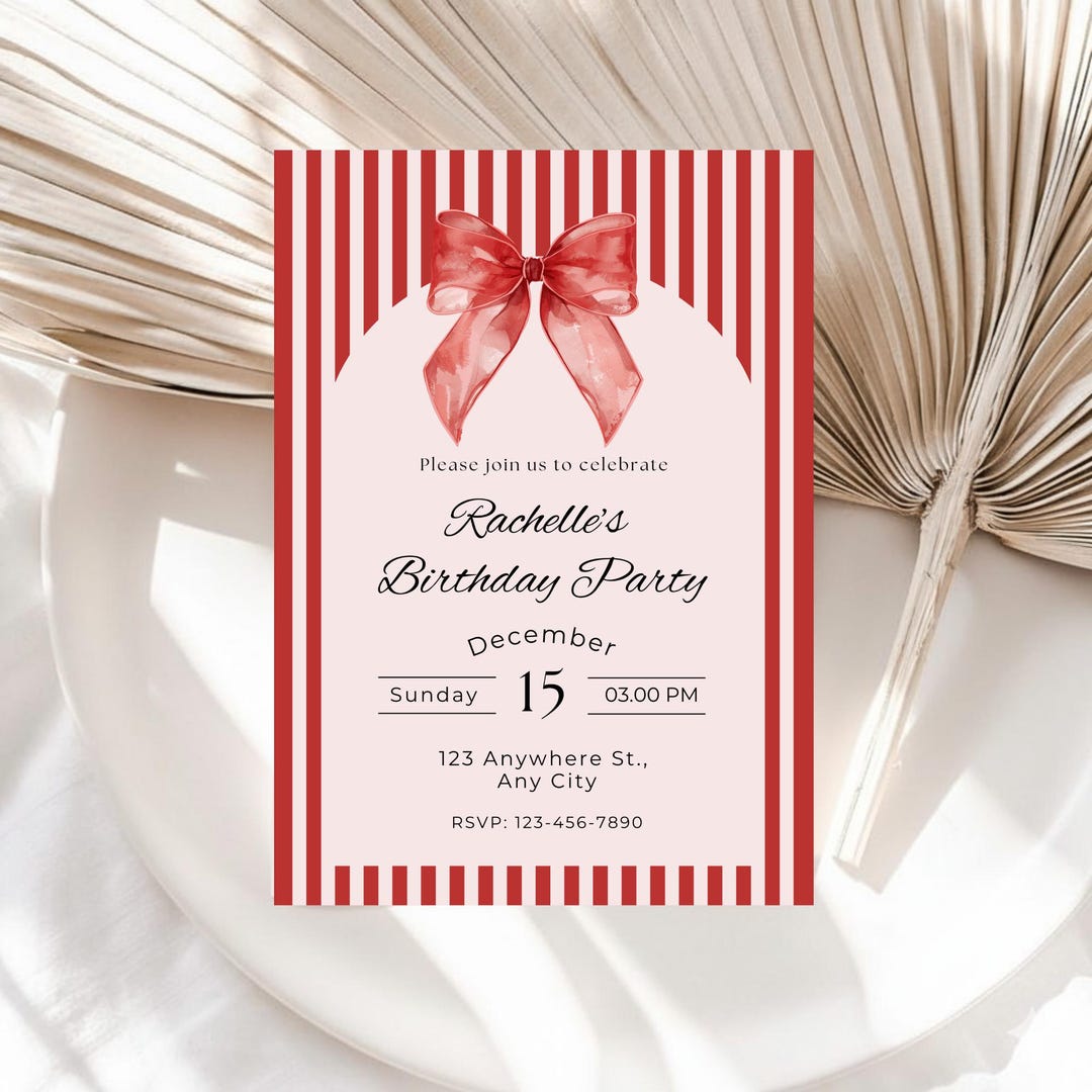 Editable Red Bow Birthday Invitation Minimalist, Coquette Red Bow 13th ...