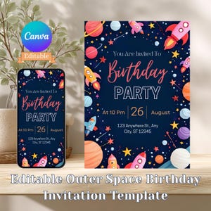 May include: An editable outer space birthday party invitation template. The design features rockets, planets, and stars on a dark blue background. The invitation text reads "You Are Invited To Birthday PARTY" with the date and time. A smartphone displays the same design.