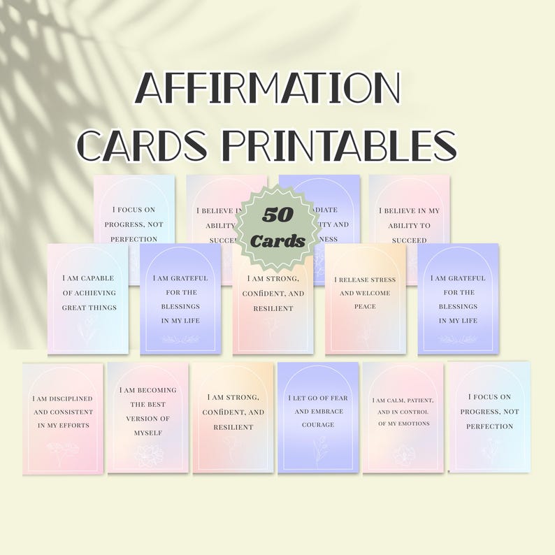 May include: A collection of affirmation cards with pastel backgrounds. The cards feature phrases like "I am grateful for the blessings in my life" and "I am strong, confident, and resilient." The image also includes the text "Affirmation Cards Printables."