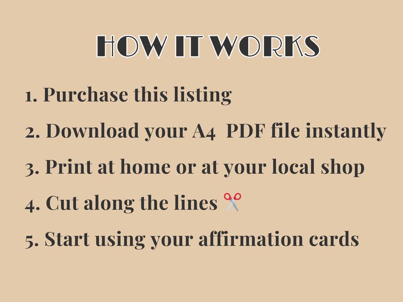 May include: A beige graphic with the text "HOW IT WORKS" at the top. The steps include purchasing, downloading an A4 PDF file, printing, cutting along the lines, and using affirmation cards.