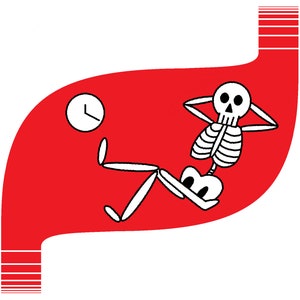 May include: A cartoon illustration of a skeleton relaxing on a red background. The skeleton is reclining with its hands behind its head, and a clock is visible in the upper left corner. The image has a minimalist style.