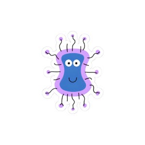May include: A sticker depicting a cartoon microbe with a blue body, a light purple outline, and black tendrils. The microbe has a smiling face with white eyes and a curved mouth. The sticker has a white border.