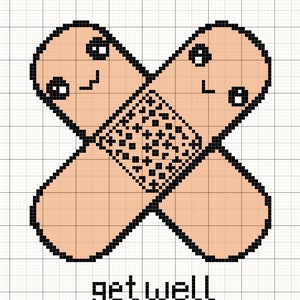 Può includere: Due cerotti cartoon incrociati l'uno sull'altro con un contorno nero e un motivo a scacchi al centro. I cerotti hanno occhi neri e una bocca sorridente. Il testo "get well" è sotto i cerotti con un cuore rosso.