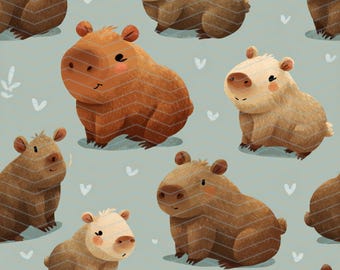 Cute Capybara Seamless Pattern | Kawaii Animal Digital Paper | Baby Capybara Pattern | Pastel Animal Print | Cute Woodland Digital Download