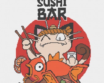 Meowth Sushi Bar Cross Stitch Pattern