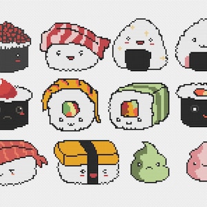 Könnte beinhalten: Ein Set mit 12 niedlichen Cartoon-Sushi- und Onigiri-Charakteren mit verschiedenen Gesichtsausdrücken. Die Charaktere bestehen aus Pixelkunst und sind in verschiedenen Farben, darunter Rot, Gelb, Grün, Schwarz und Weiß.