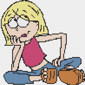 Op de afbeelding: Een cartoonillustratie van een jonge vrouw met blond haar, die een roze tanktop, een blauwe spijkerbroek en bruine schoenen draagt. Ze zit met haar kin op haar hand en kijkt bedachtzaam.