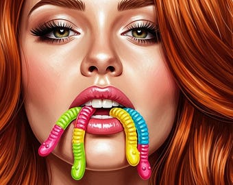 Bold Redhead Art Print – Gummy Worm Candy Pop Art Illustration, Digital Download, Whimsical Portrait Wall Decor