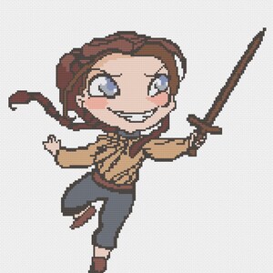 May include: A cartoon illustration of a person with brown hair, wearing a brown jacket, blue pants, and brown boots, holding a sword in their right hand.