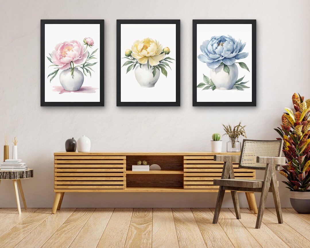 Colorful Peony Vase Wall Art – Set of 3 Watercolor Floral Prints in ...