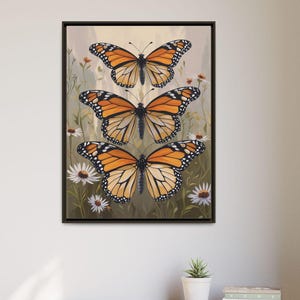 Monarch Butterfly & Flower Framed Canvas Wall Art, Butterfly Nature Wall Decor, Office Decor, Butterfly Lover Gift, Floral Butterfly Artwork