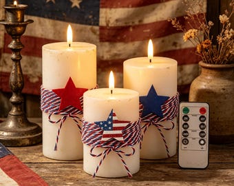 Velas LED patrióticas sin llama, 3 unidades, blancas, con temporizador remoto, candelabro para el 4 de julio, decoración para el 250 aniversario de Estados Unidos, regalo de inauguración de casa.