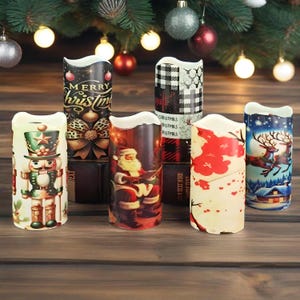 May include: Six Christmas-themed LED candles with various designs, including a nutcracker, Santa Claus, reindeer, and festive patterns. The cylindrical candles have a flickering effect, ideal for seasonal decoration. Each candle is approximately 15 cm tall.