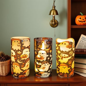 Velas sem chama fantasma com luzes de corda: decoração de Halloween, controle remoto e temporizador - conjunto de 3