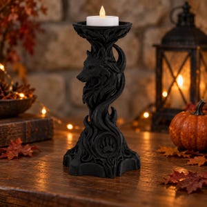 Gothic Wolf Candle Holder, Black LED Tealight Stand, Halloween Altar Decor, Werewolf Home Accent, Witchy Gift for Wolf Lover