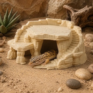 May include: A beige, rock-textured reptile hideout featuring a flat upper platform, integrated staircases on both sides, and a central arched entrance. A yellow and brown spotted leopard gecko is positioned partially inside the cave structure.