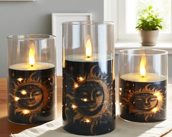 Juego de 3 velas sin llama Sun Moon / Vela LED a batería con control remoto y temporizador / Decoración del hogar, centro de mesa para bodas, regalo de Halloween y Navidad