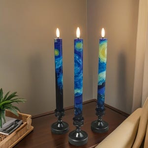 Flameless LED Taper Candles Set of 3,10&quot; Battery Timer Candles Van Gogh Starry Night Candlestick Home Decor Wedding Housewarming Gift