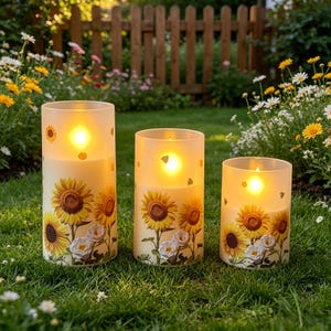 May include: Three battery-operated pillar candles with a sunflower and rose design. The candles are cylindrical, with a frosted glass appearance. The candles are lit, and sit on a bed of green grass, with a wooden fence in the background.