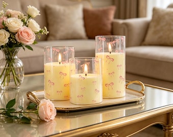 Juego de 3 velas LED con lazo rosa, velas parpadeantes sin llama con temporizador, velas a pilas para decoración del hogar, bodas, regalo de cumpleaños para ella.