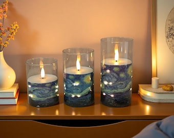 Van Gogh Starry Night LED Candle with String Light, Flameless Battery Candle w/ Remote and Timer Halloween Christmas Gift