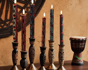 Juego de velas cónicas sin llama de estilo tribal africano: velas LED de 25 cm a batería con temporizador remoto, decoración bohemia para el hogar, regalo de inauguración de la casa.