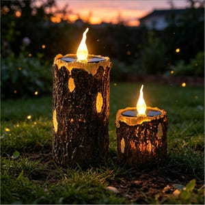 May include: Two solar-powered, faux-wood candle lights with flickering LED flames. The lights are cylindrical, with a dark brown, textured exterior and a warm, yellow glow emanating from the top. They are set in a grassy outdoor setting.