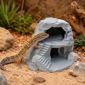 May include: A leopard gecko with yellow and black spotted skin climbing on a light grey, two-level rock-shaped reptile hideout. The structure features a staircase leading to an upper platform and a lower cave entrance, set on a sandy ground.