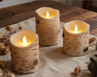 Birch Bark Swaying LED Candle, Flameless Candles with Remote 3PCS | Rustic Home Decor, Romantic Birthday Party Wedding Gift for Her
