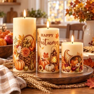 May include: Three cream-coloured pillar candles with lit wicks. The tallest candle features a basket of pumpkins and flowers. The middle candle displays a lantern, pumpkins, and the text Happy Autumn. The shortest candle shows a cornucopia.