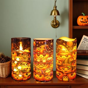 Flameless Candle Cute Pumpkin  LED Candles Halloween Decor, Flickering Candles w/ Remote & Timer Candle, Housewarming Spooky Gift