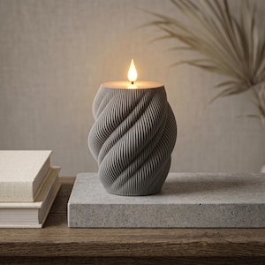 3D Printed PLA LED Candle,  Grey Flameless Modern Spiral Table Lamp, Aesthetic Night Light, Cozy Home Decor, Mothers Day Gift