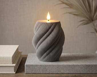 3D Printed PLA LED Candle,  Grey Flameless Modern Spiral Table Lamp, Aesthetic Night Light, Cozy Home Decor, Mothers Day Gift