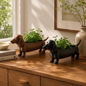 May include: Two dachshund-shaped planters, one in a matte brown finish and one in a matte black finish, each featuring a hollow back designed to hold small green plants. The elongated dog figures stand on four short legs with tails extended.