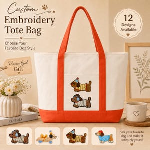 Bolso de mano con bordado personalizado de perro, bolso de hombro de lona naranja, bolso de mano con parche de perro salchicha, regalo personalizado para amantes de los perros, bolso para amantes de las mascotas.