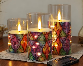 Stained Glass Pattern LED Candle Set of 3, Flameless String Light Candle w/ Remote and Timer Housewarming Halloween Christmas Gift