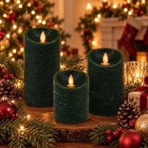 Green Flameless LED Candles Set, Real Wax Pillar Christmas Candles, 3D Flickering Flame, Remote Control Timer, Elegant Home Decor Gift
