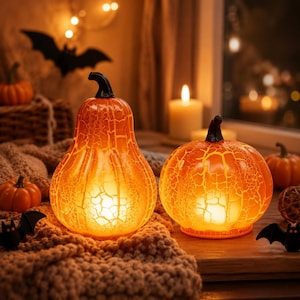 Glowing Halloween Pumpkin Lights, Crackle Pumpkin & Gourd Decor, Cozy Fall Table Decor, Halloween Shelf Accent, Autumn Gift