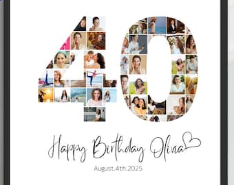 40th Birthday Photo Collage Template, Personalized 40th Birthday Gift for Her, for Him, Number 40 Collage, Family Gift, Birthday Gift, Canva