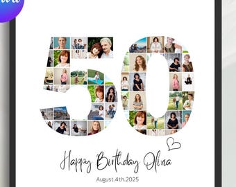 50th Birthday Photo Collage Template / Customizable Number 50 Design / Family Gift / Canva Digital Download
